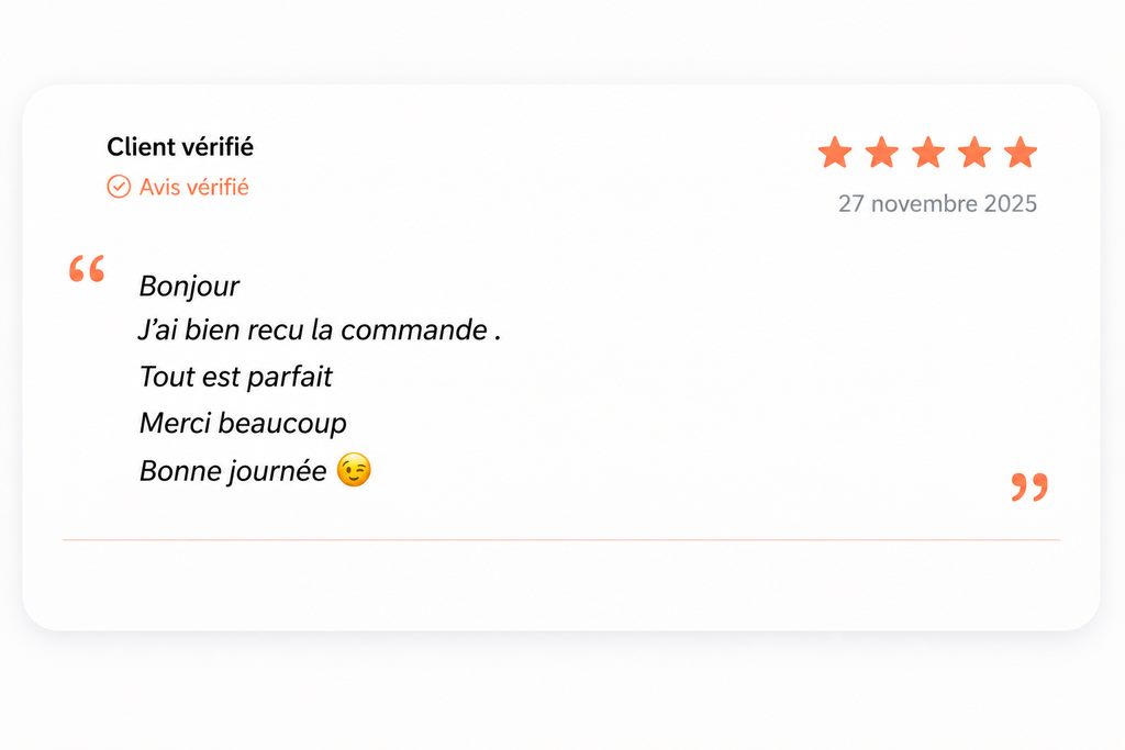 Avis client vérifié cinq étoiles après réception de la commande