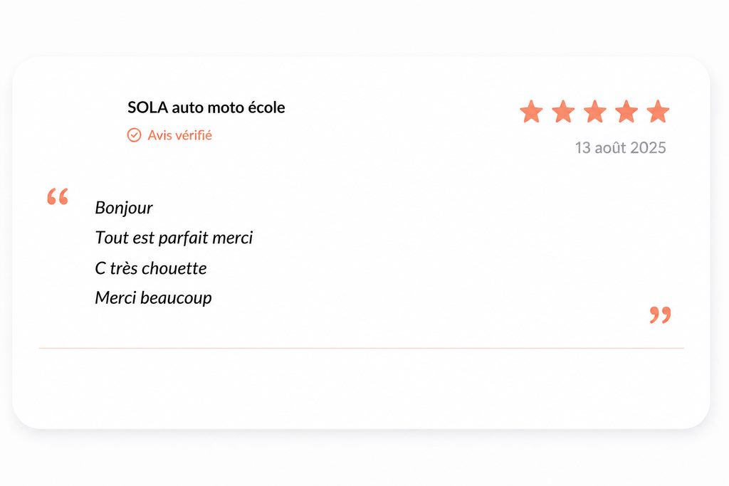 Avis client vérifié cinq étoiles d'une auto-moto-école