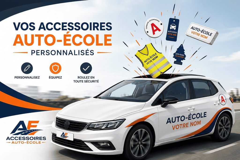 Accessoires personnalisés pour auto-école : disque, gilet, sentorette et plaque de toit