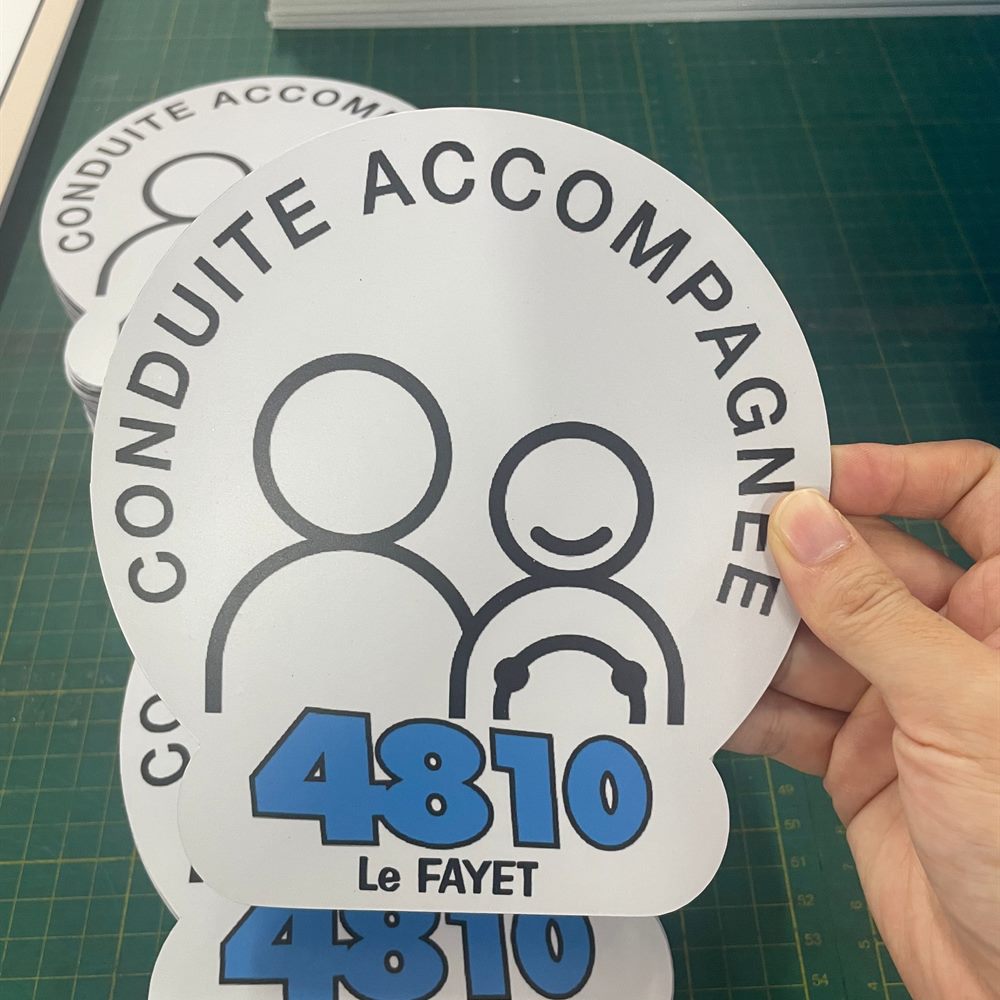 Macarons de conduite accompagnée personnalisés, découpe ronde aux couleurs de l'auto-école