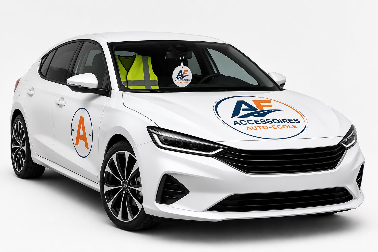 Voiture d'auto-école avec accessoires personnalisables : gilet, sentorette, disque A, sticker